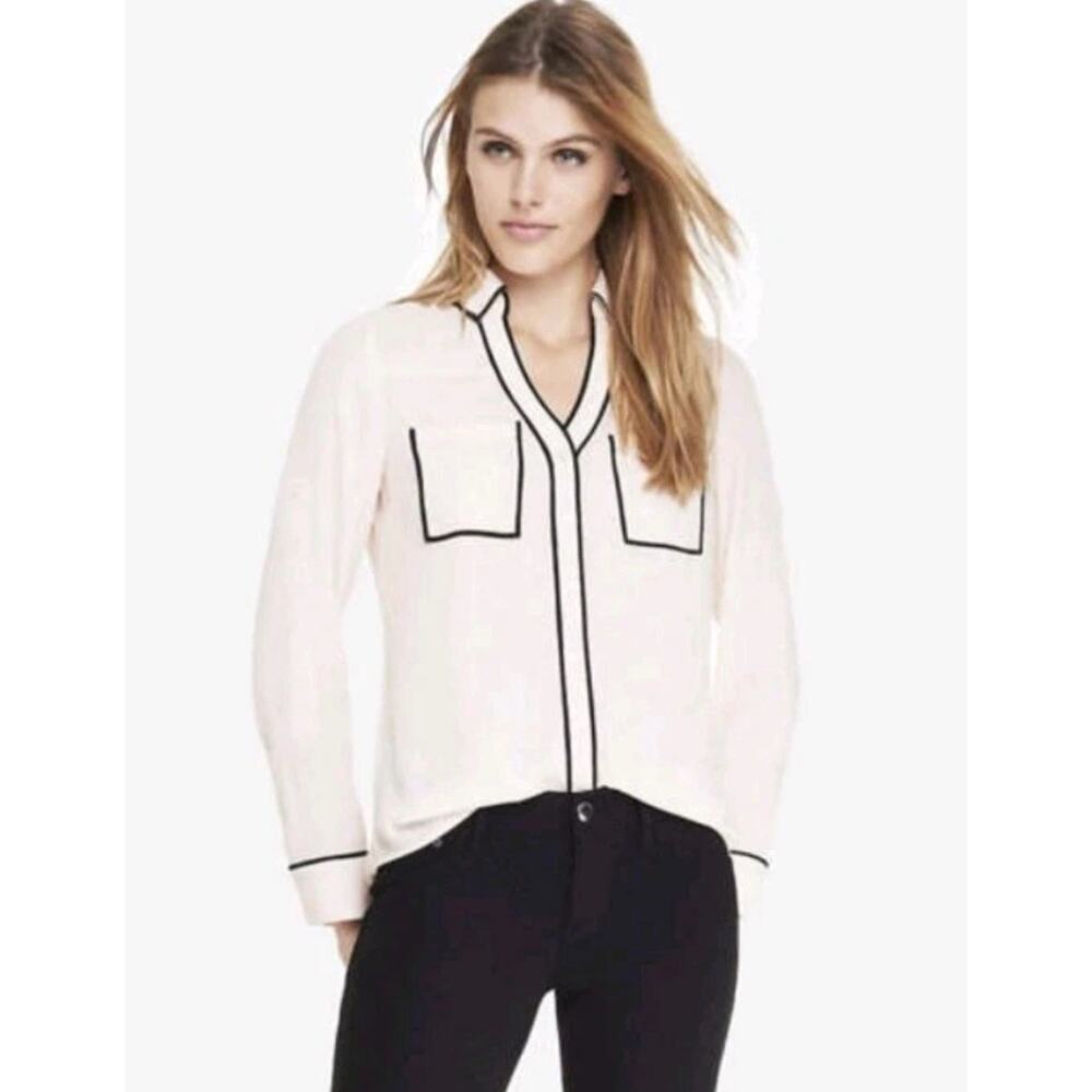 Express Portofino Shirt Womens Size S White Black Trim Long Sleeve Sheer Pockets